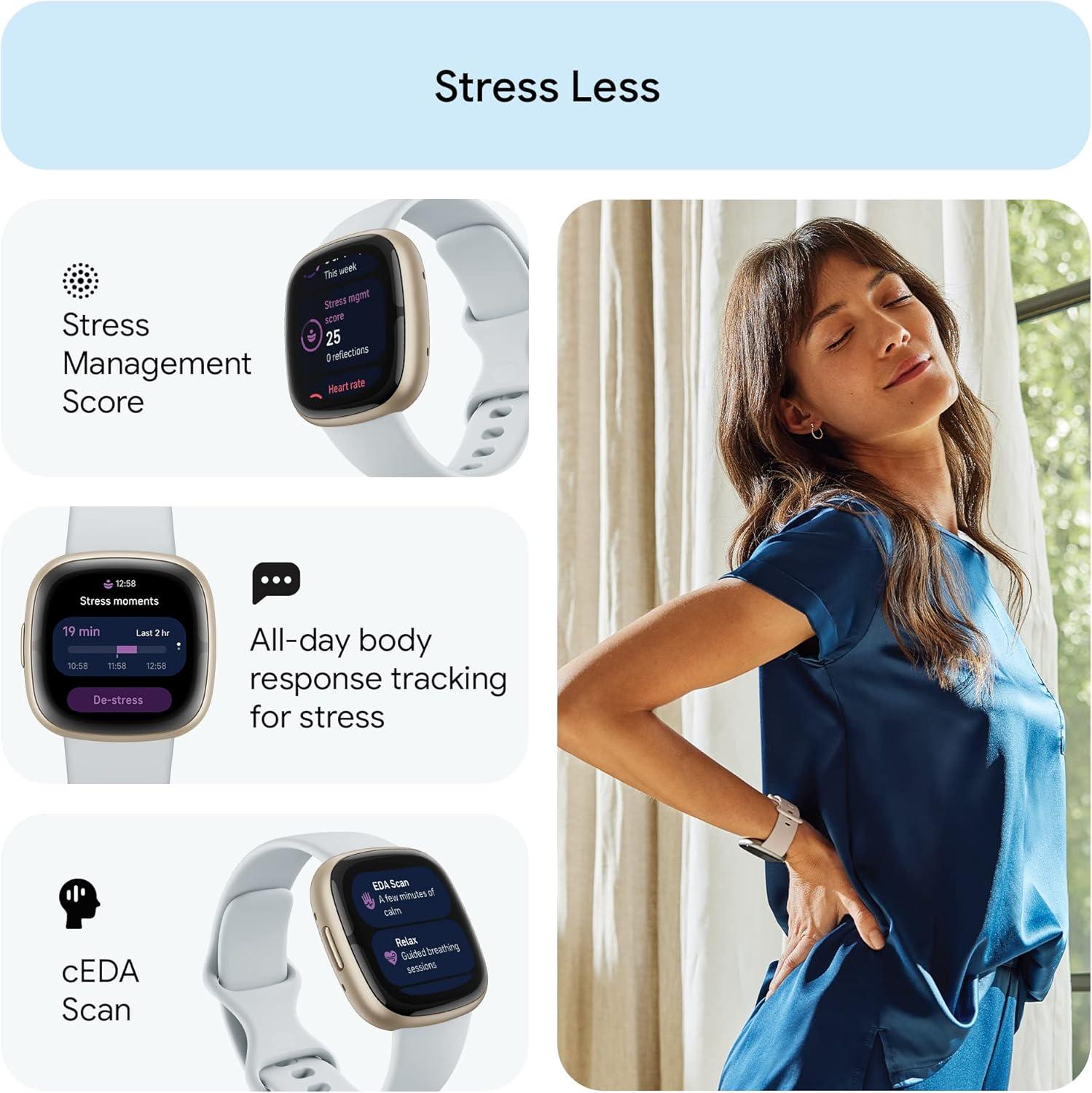 image:imageFitbit Sense 2 Advanced Health and Fitness Smartwatch with Tools to Manage Stress and Sleep ECG App SpO2 247 Heart Rate and GPS Lunar WhitePlatinum One Size S amp L Bands IncludedBlue MistPale Gold