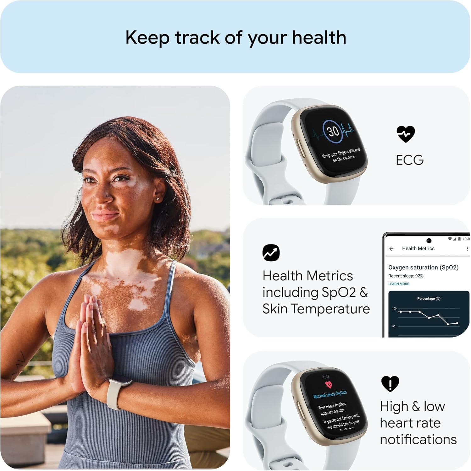 image:imageFitbit Sense 2 Advanced Health and Fitness Smartwatch with Tools to Manage Stress and Sleep ECG App SpO2 247 Heart Rate and GPS Lunar WhitePlatinum One Size S amp L Bands IncludedBlue MistPale Gold