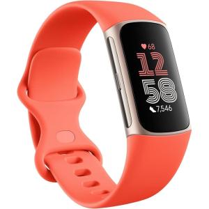 Fitbit Charge 6 Fitness Tracker with Google apps, Heart Rate on Exercise Equipment, 6-Months Premium Membership Included, GPS, Health Tools and More, Gold/Coral, One Size (S & L Bands Included)(Gold Case w/ Red Band)